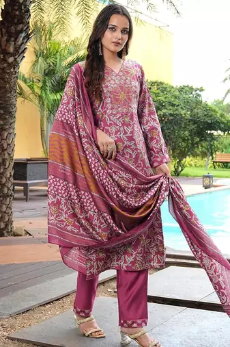 Women's cotton silk floral embroidered straight kurta with pant set