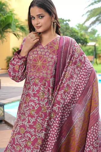 Women's cotton silk floral embroidered straight kurta with pant set
