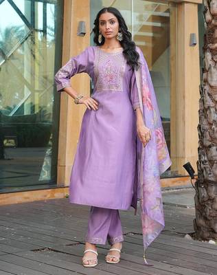 Women's cotton silk solid embroidered straight kurta with pant set 1