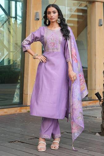 Women's cotton silk solid embroidered straight kurta with pant set