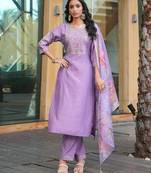Women's cotton silk solid embroidered straight kurta with pant set