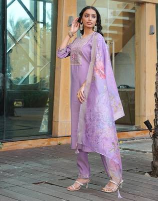 Women's cotton silk solid embroidered straight kurta with pant set 2