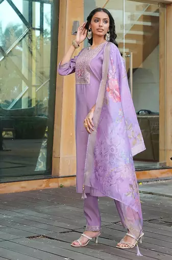 Women's cotton silk solid embroidered straight kurta with pant set