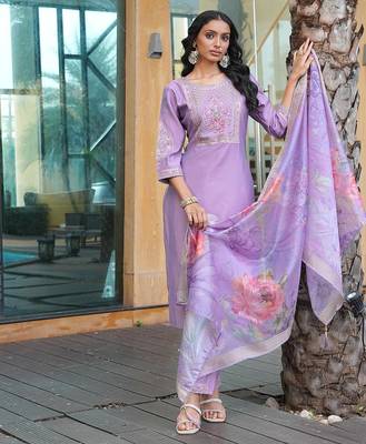 Women's cotton silk solid embroidered straight kurta with pant set 3