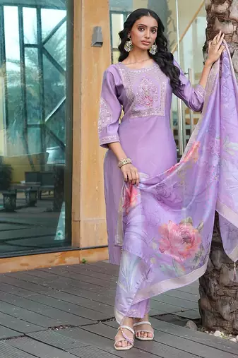 Women's cotton silk solid embroidered straight kurta with pant set