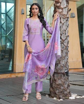 Women's cotton silk solid embroidered straight kurta with pant set 4