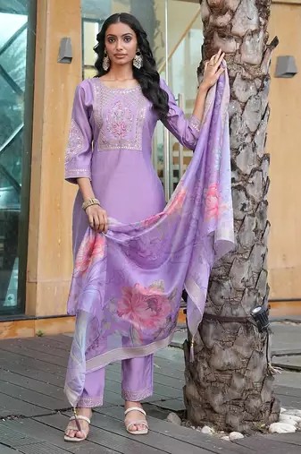 Women's cotton silk solid embroidered straight kurta with pant set