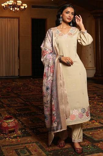 Women's cotton silk solid embroidered straight kurta with pant set