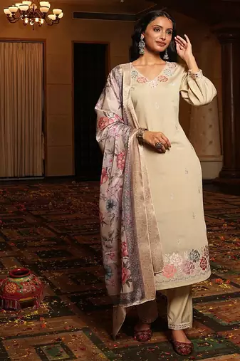 Women's cotton silk solid embroidered straight kurta with pant set