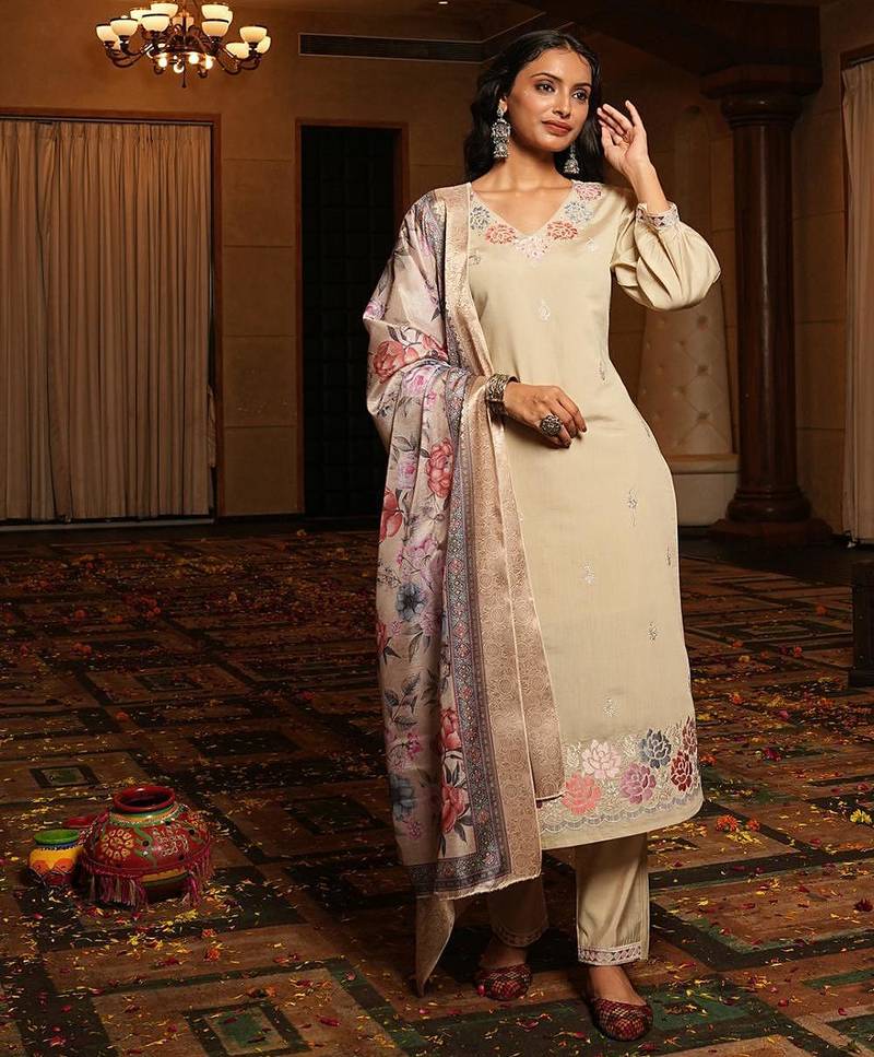Women's cotton silk solid embroidered straight kurta with pant set