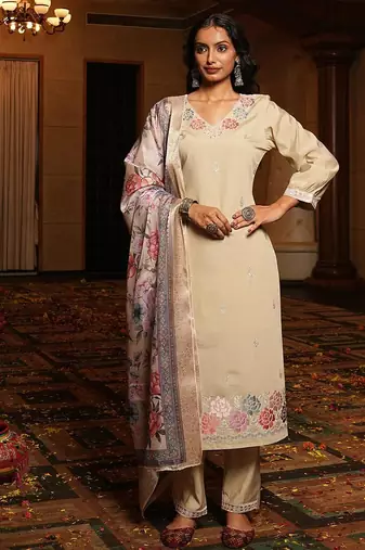 Women's cotton silk solid embroidered straight kurta with pant set