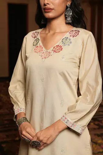 Women's cotton silk solid embroidered straight kurta with pant set