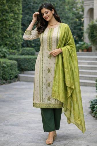 Women's jequard silk ethnic motif printed straight kurta with pant set