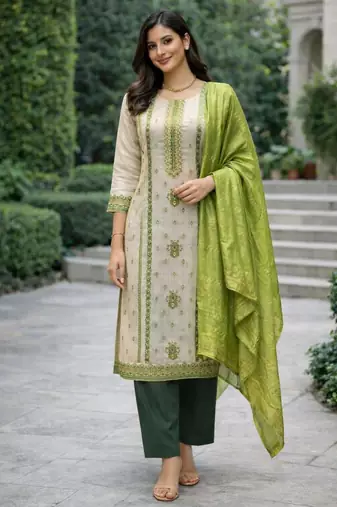 Women's jequard silk ethnic motif printed straight kurta with pant set