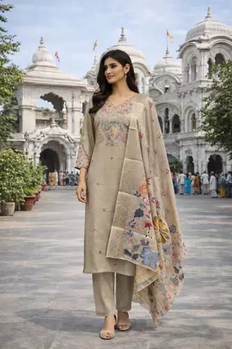 Women's cotton silk ethnic motif embroidered straight kurta with pant set
