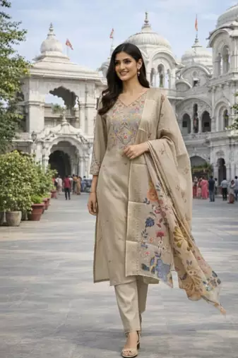 Women's cotton silk ethnic motif embroidered straight kurta with pant set