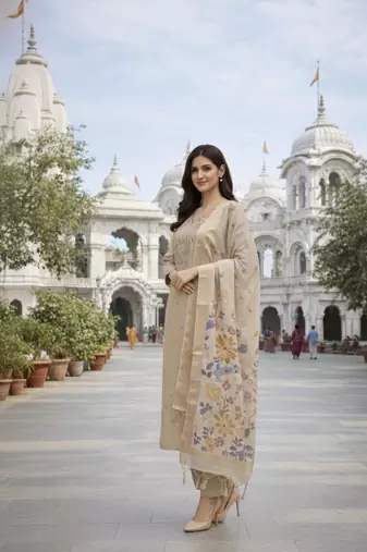 Women's cotton silk ethnic motif embroidered straight kurta with pant set