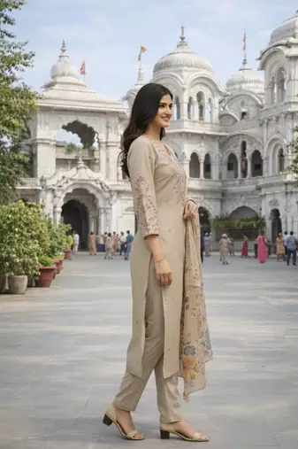 Women's cotton silk ethnic motif embroidered straight kurta with pant set