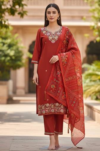 Women's cotton silk ethnic motif embroidered straight kurta with pant set