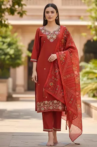 Women's cotton silk ethnic motif embroidered straight kurta with pant set