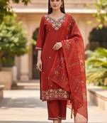 Women's cotton silk ethnic motif embroidered straight kurta with pant set