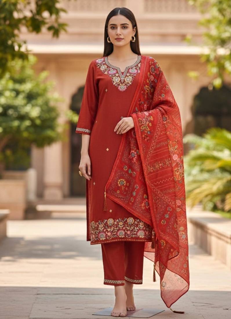 Women's cotton silk ethnic motif embroidered straight kurta with pant set