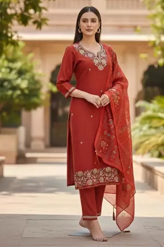 Women's cotton silk ethnic motif embroidered straight kurta with pant set