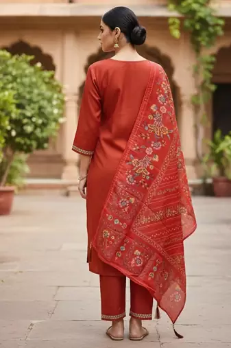 Women's cotton silk ethnic motif embroidered straight kurta with pant set