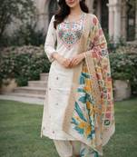 Women's cotton silk ethnic motif embroidered straight kurta with salwar set