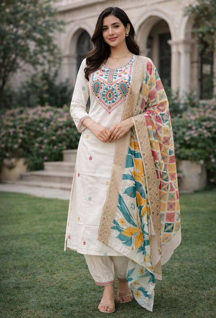 Women's cotton silk ethnic motif embroidered straight kurta with salwar set