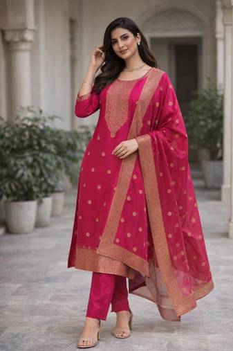 Women's silk blend ethnic motif embroidered straight kurta with pant set
