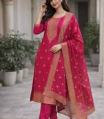 Women's silk blend ethnic motif embroidered straight kurta with pant set