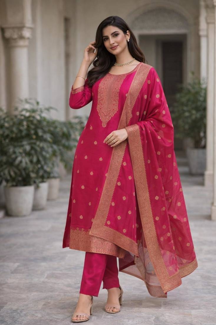 Women's silk blend ethnic motif embroidered straight kurta with pant set