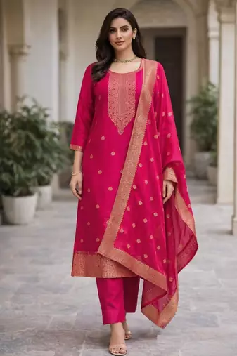 Women's silk blend ethnic motif embroidered straight kurta with pant set