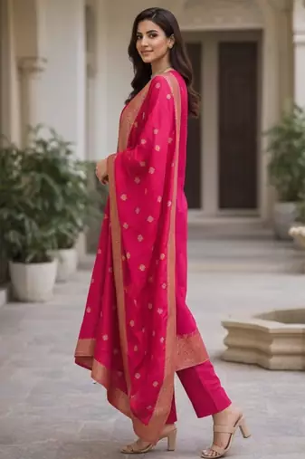 Women's silk blend ethnic motif embroidered straight kurta with pant set
