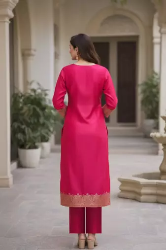 Women's silk blend ethnic motif embroidered straight kurta with pant set