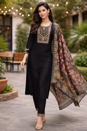 Women's cotton silk solid embroidered straight kurta with pant set