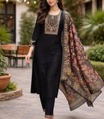 Women's cotton silk solid embroidered straight kurta with pant set