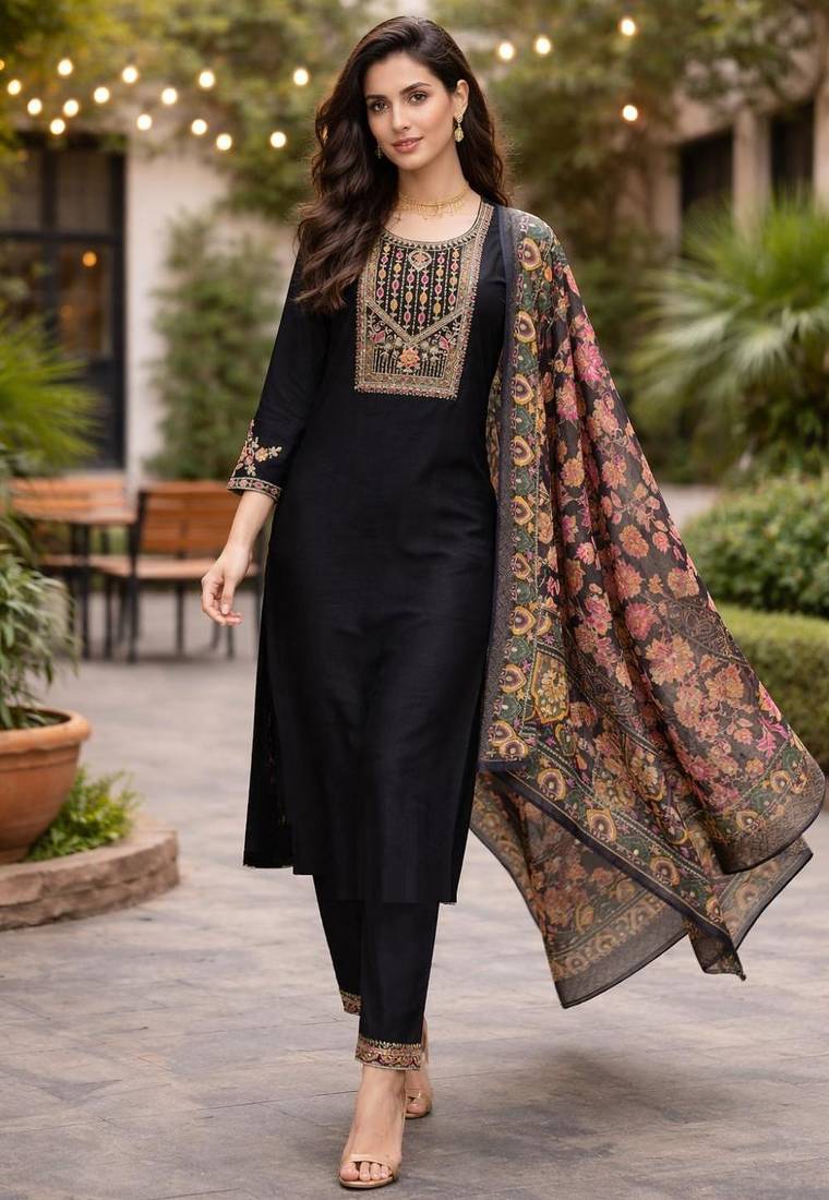 Women's cotton silk solid embroidered straight kurta with pant set