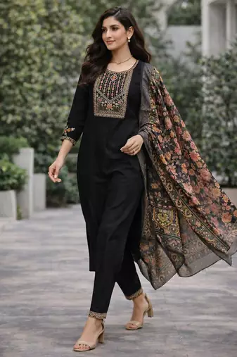 Women's cotton silk solid embroidered straight kurta with pant set
