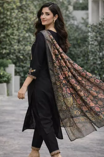 Women's cotton silk solid embroidered straight kurta with pant set