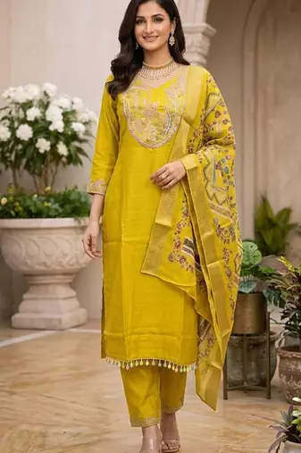 Women's mustard cotton silk yoke design embroidered straight kurta and pant set with dupatta