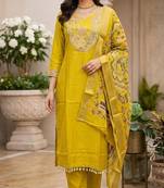 Women's mustard cotton silk yoke design embroidered straight kurta and pant set with dupatta