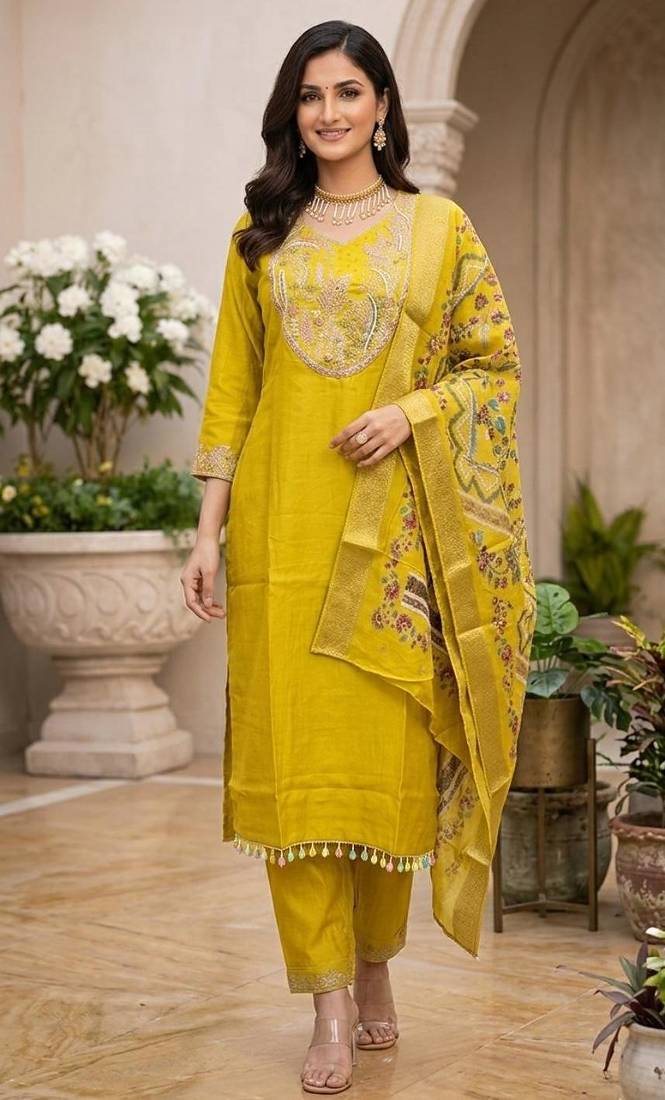 Women's mustard cotton silk yoke design embroidered straight kurta and pant set with dupatta
