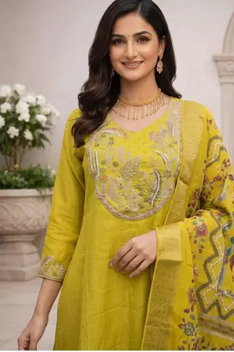 Women's mustard cotton silk yoke design embroidered straight kurta and pant set with dupatta