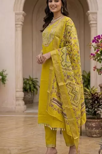 Women's mustard cotton silk yoke design embroidered straight kurta and pant set with dupatta