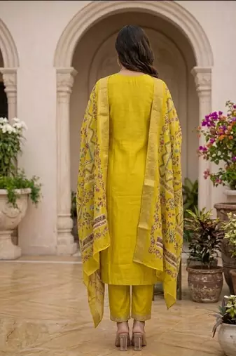 Women's mustard cotton silk yoke design embroidered straight kurta and pant set with dupatta