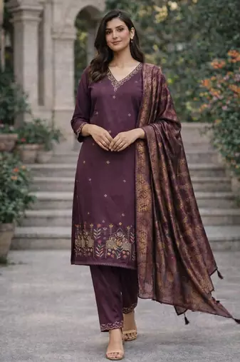 Women's purple cotton silk ethnic motif embroidered straight kurta and pant set with dupatta