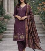 Women's purple cotton silk ethnic motif embroidered straight kurta and pant set with dupatta
