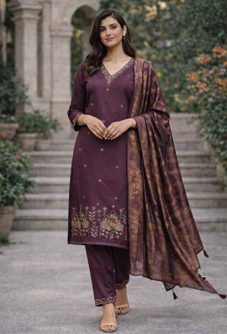 Women's purple cotton silk ethnic motif embroidered straight kurta and pant set with dupatta